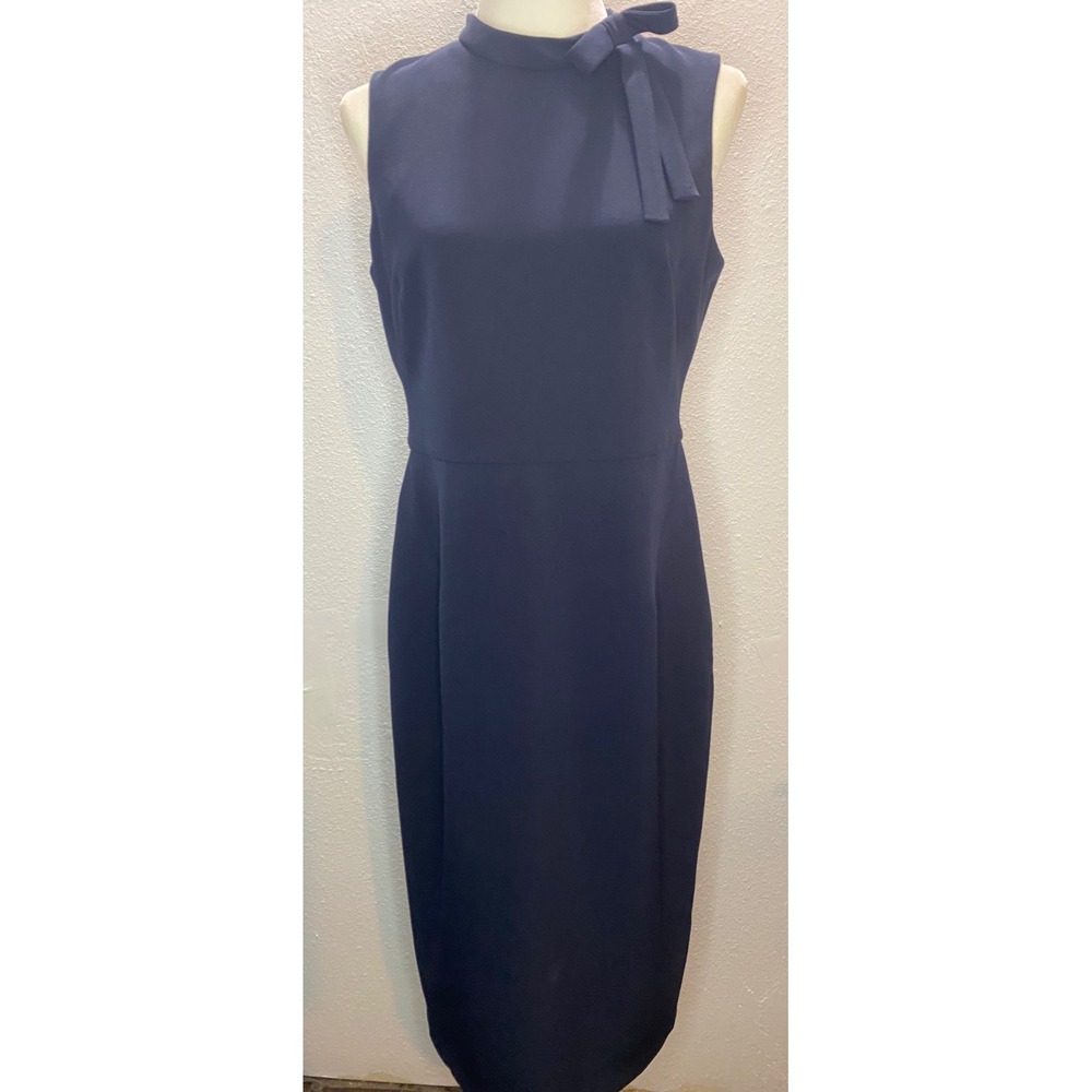 Maggy London Sheath Dress Women 10 Navy Blue Mock Neck Bow Career Office